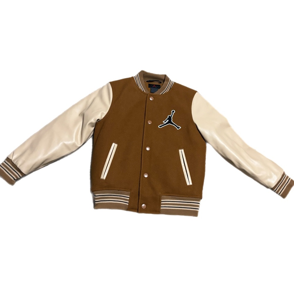 Kids Jordan Varsity Jacket Brown Faux Leather Sleeve